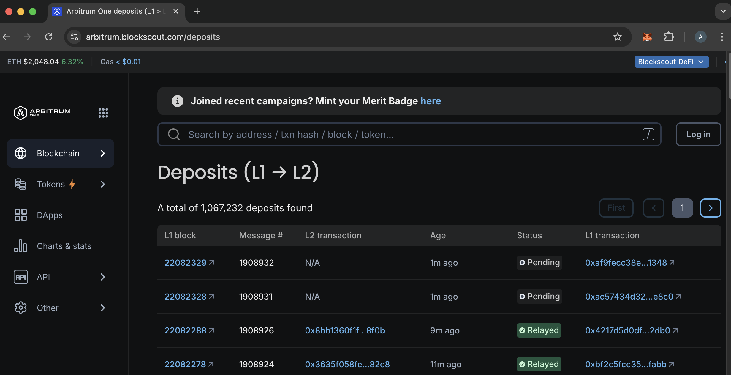 Arbitrum deposits view