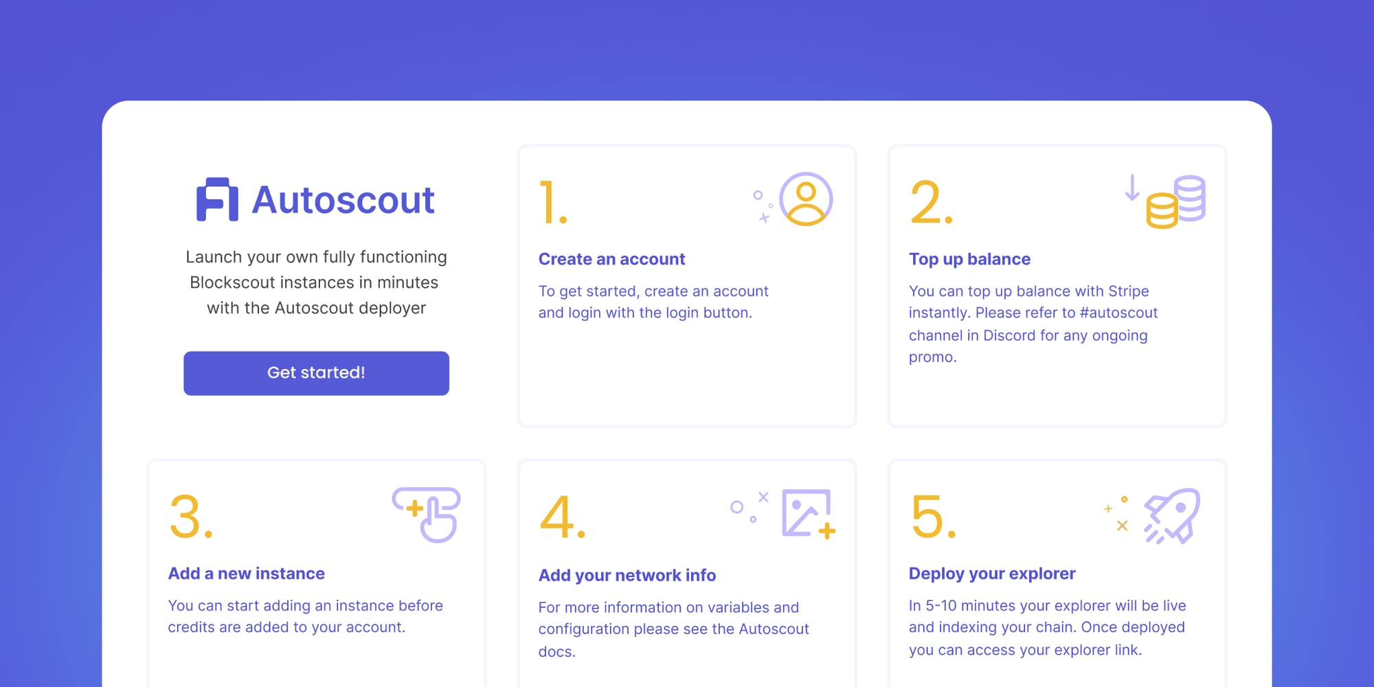 Autoscout onboarding steps showing how to deploy a Blockscout instance in minutes, including account creation, balance top-up, instance setup, network info input, and explorer deployment