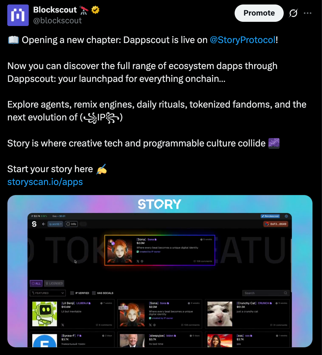 Blockscout announcement post about Dappscout going live on Story Protocol, featuring a screenshot of the Storyscan platform with a colorful interface showcasing onchain dapps.
