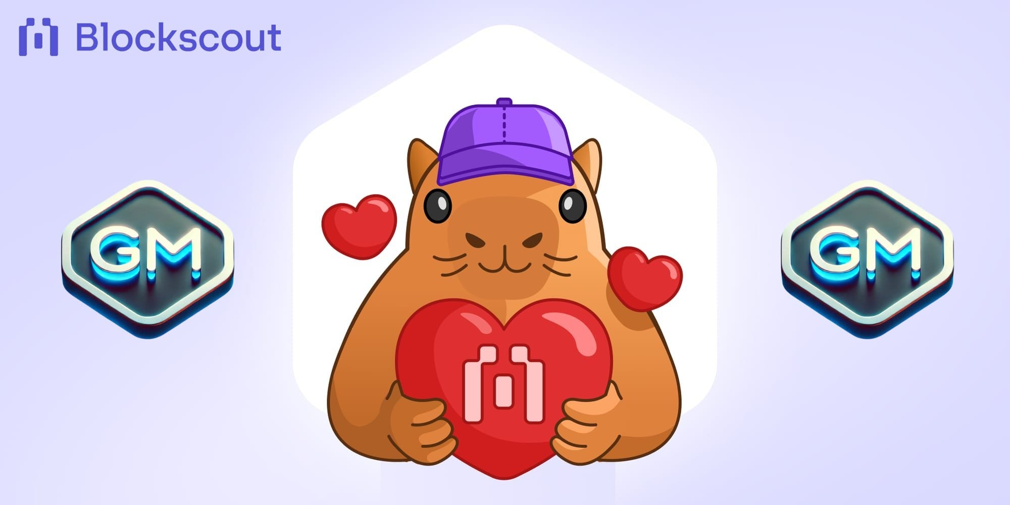 Illustration of the Blockscout capybara mascot holding a heart with the Blockscout logo, wearing a purple cap, surrounded by floating hearts and two GM icons