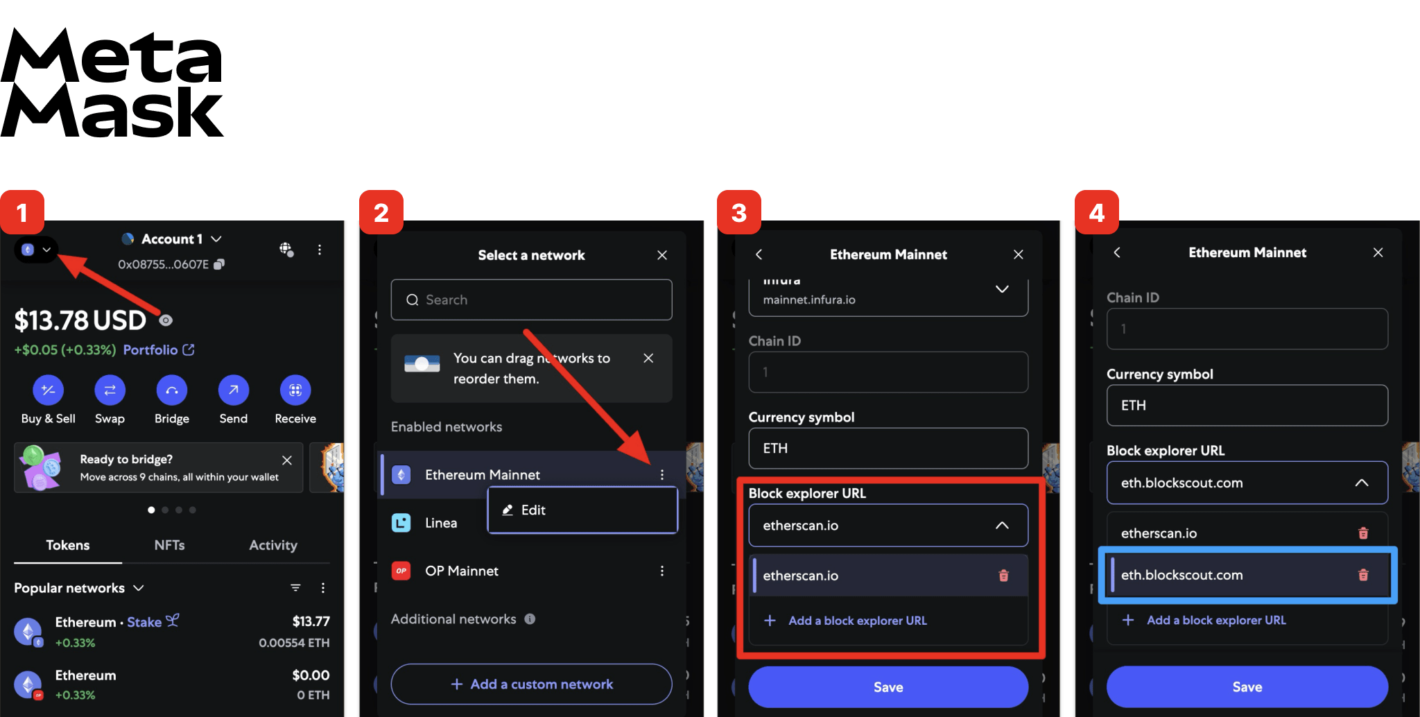 Step-by-step guide to editing a block explorer URL in MetaMask for the Ethereum Mainnet