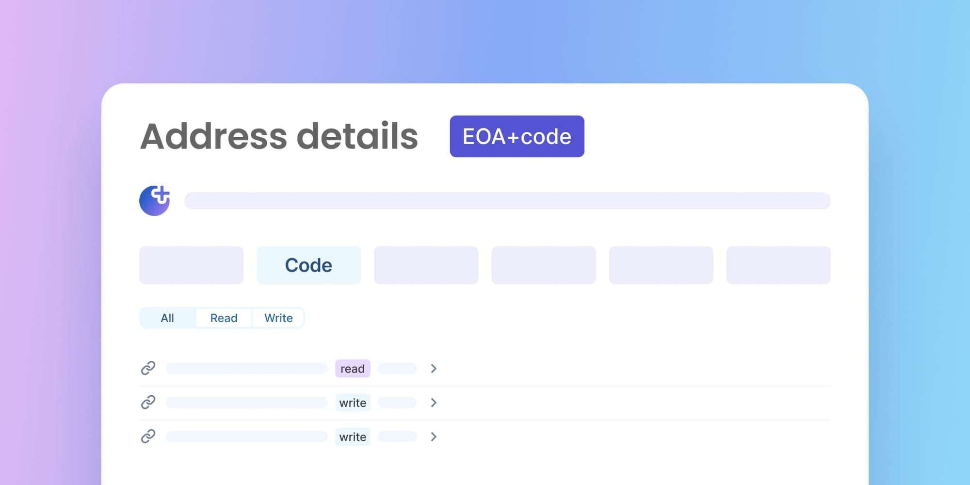 Address details interface for EOA+code wallet showing code tab selected with read and write permission options