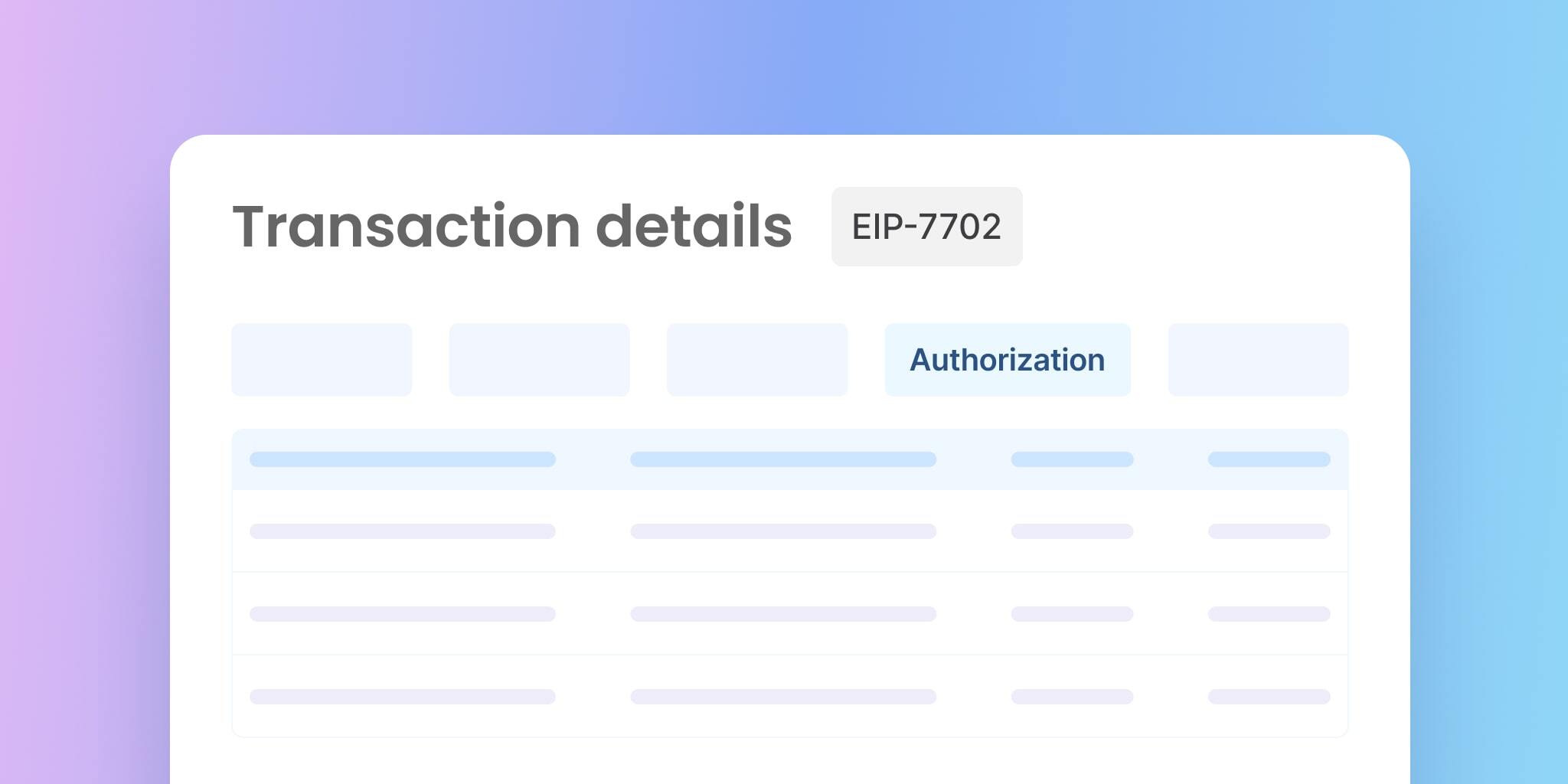 Transaction details interface for EIP-7702 with Authorization tab highlighted against gradient background