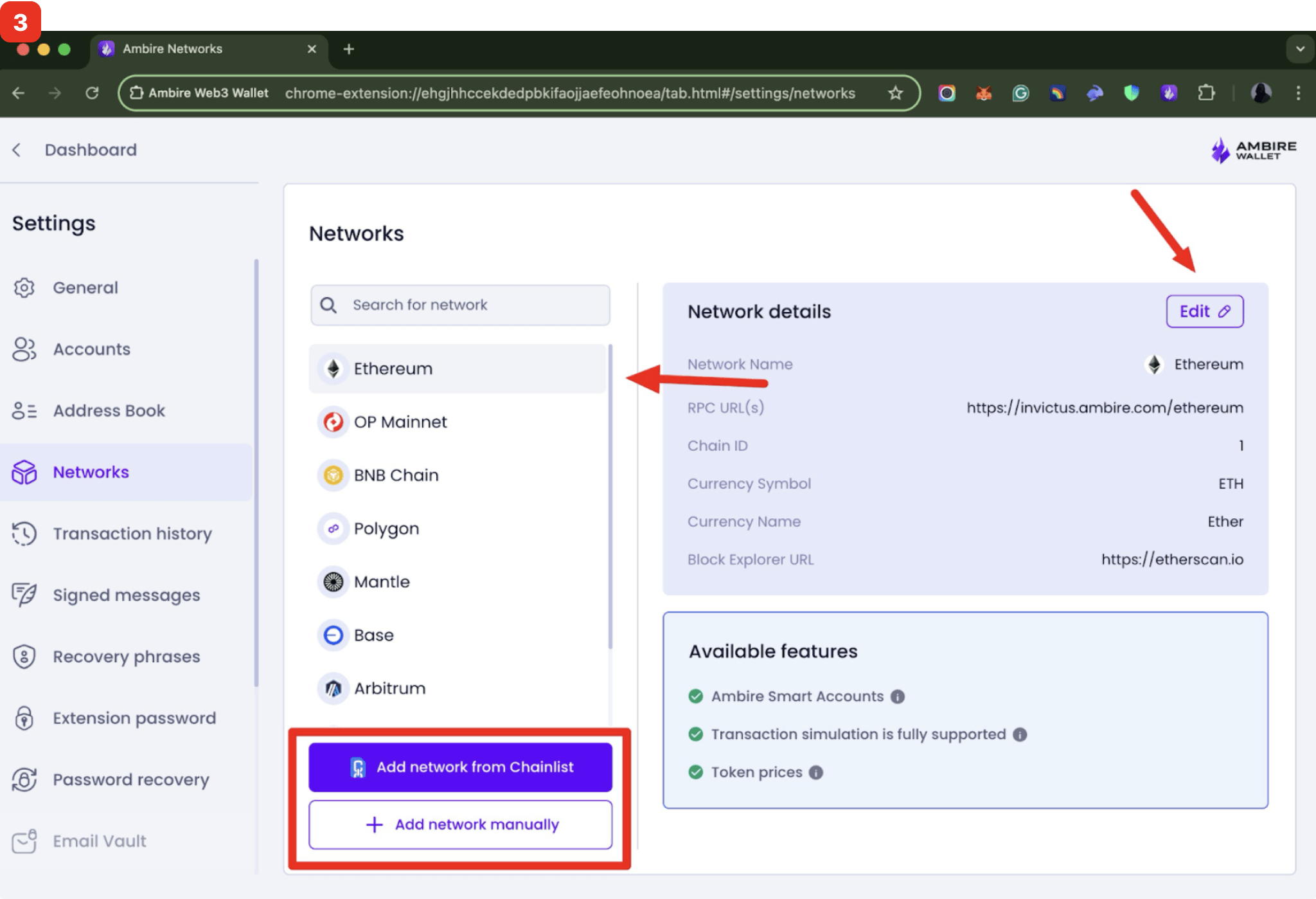 Ambire Wallet 'Networks' settings page displaying a list of configurable blockchains like Ethereum and options to 'Add network from Chainlist' or 'Add network manually', with Ethereum network details shown