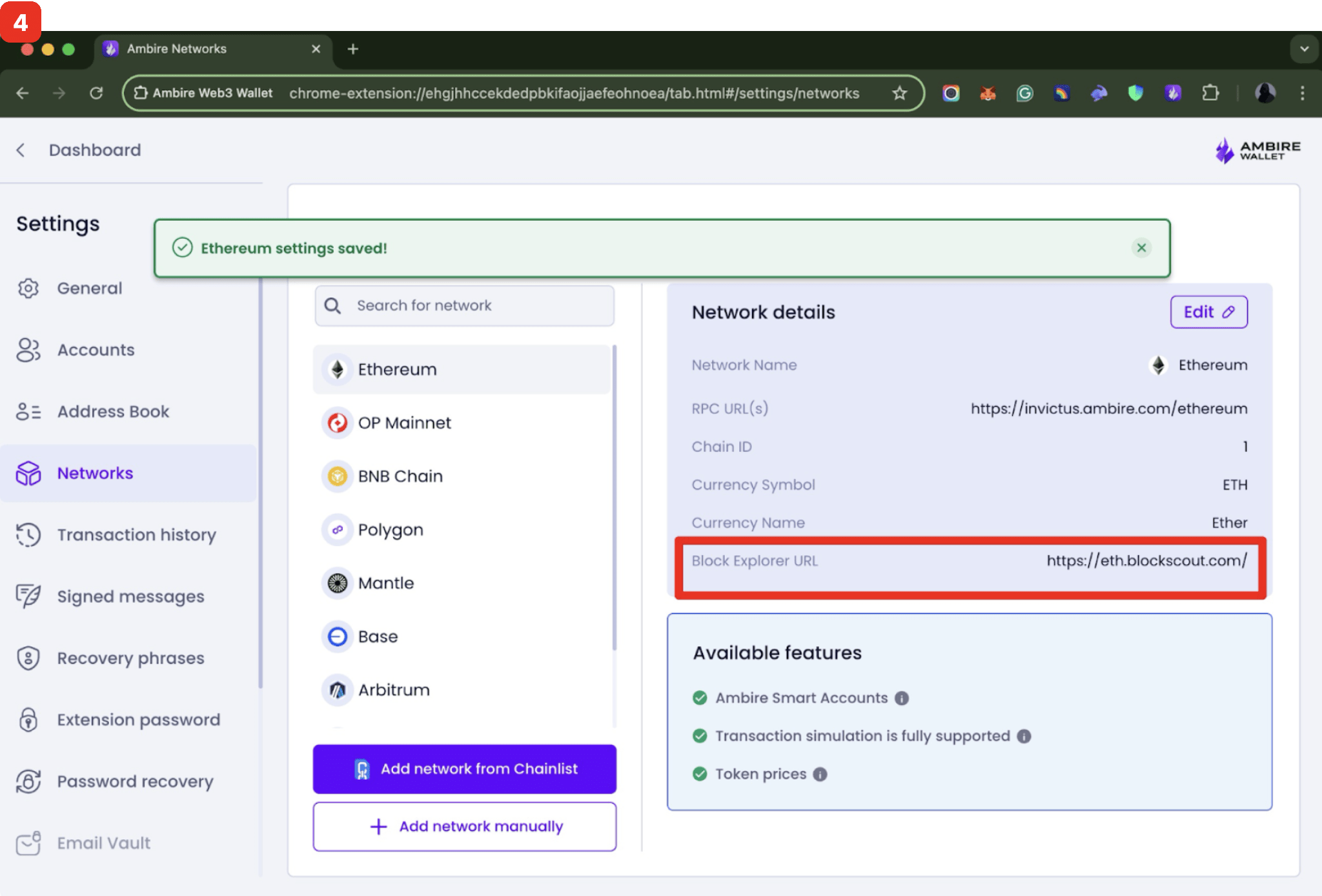 Ambire Web3 Wallet Ethereum network settings showing Block Explorer URL set to eth.blockscout.com