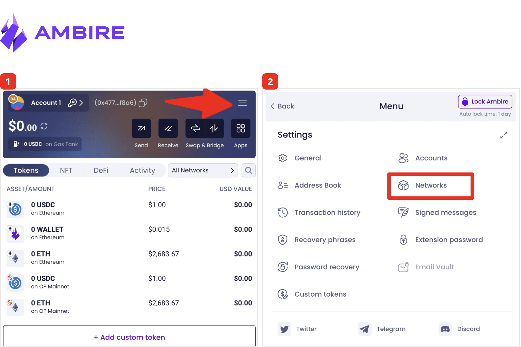Screenshot of Ambire Wallet dashboard displaying token balances (USDC, WALLET, ETH) and navigation to settings, emphasizing the 'Networks' selection.