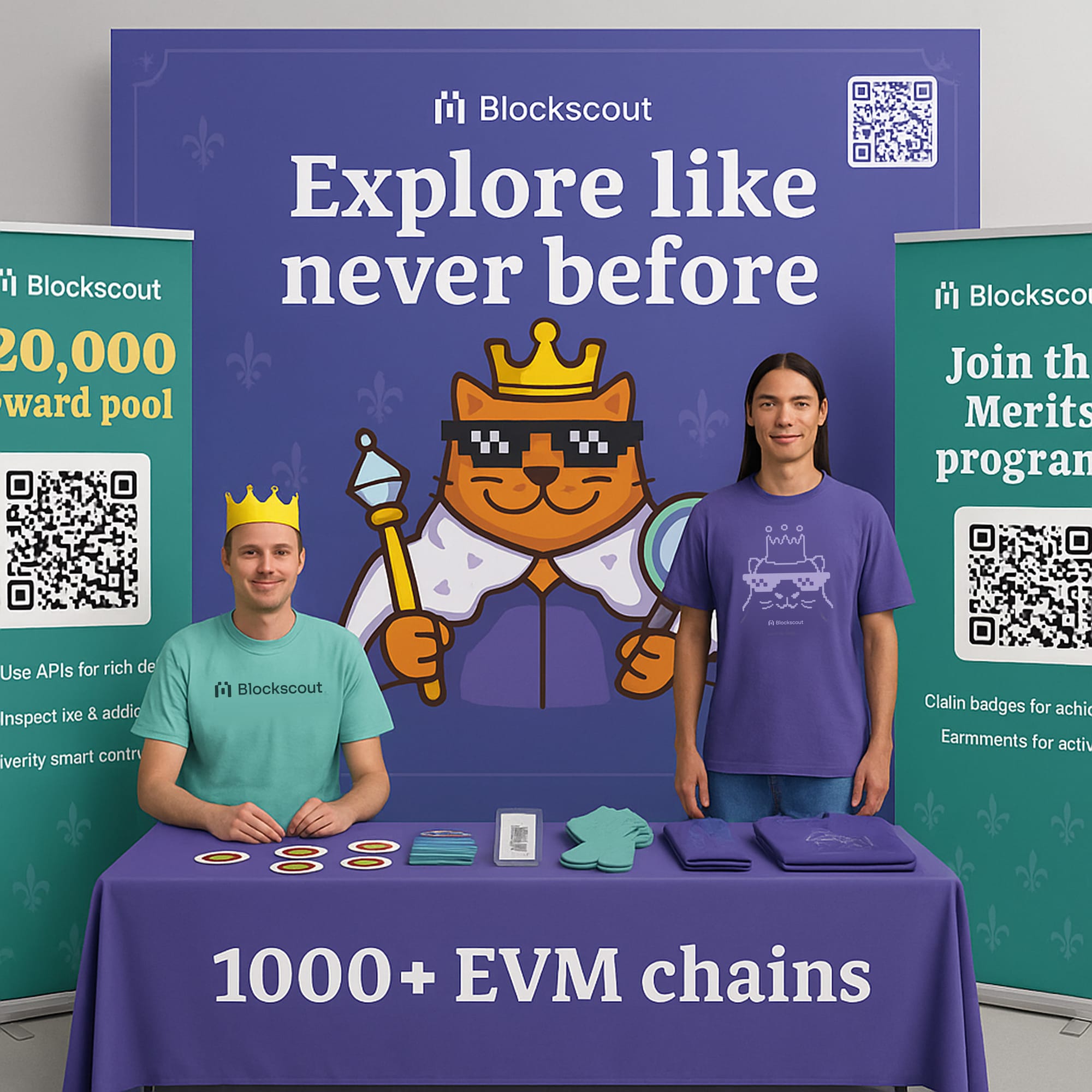 Blockscout promotional booth with two team members showcasing their blockchain explorer platform. Central banner reads 'Explore like never before' with cartoon cat mascot wearing crown and sunglasses. Purple tablecloth states '1000+ EVM chains' supported. Side banners highlight '20,000 reward pool' and 'Join the Merits program' with QR codes for easy access. Representatives wear branded teal and purple t-shirts with Blockscout merchandise displayed on table