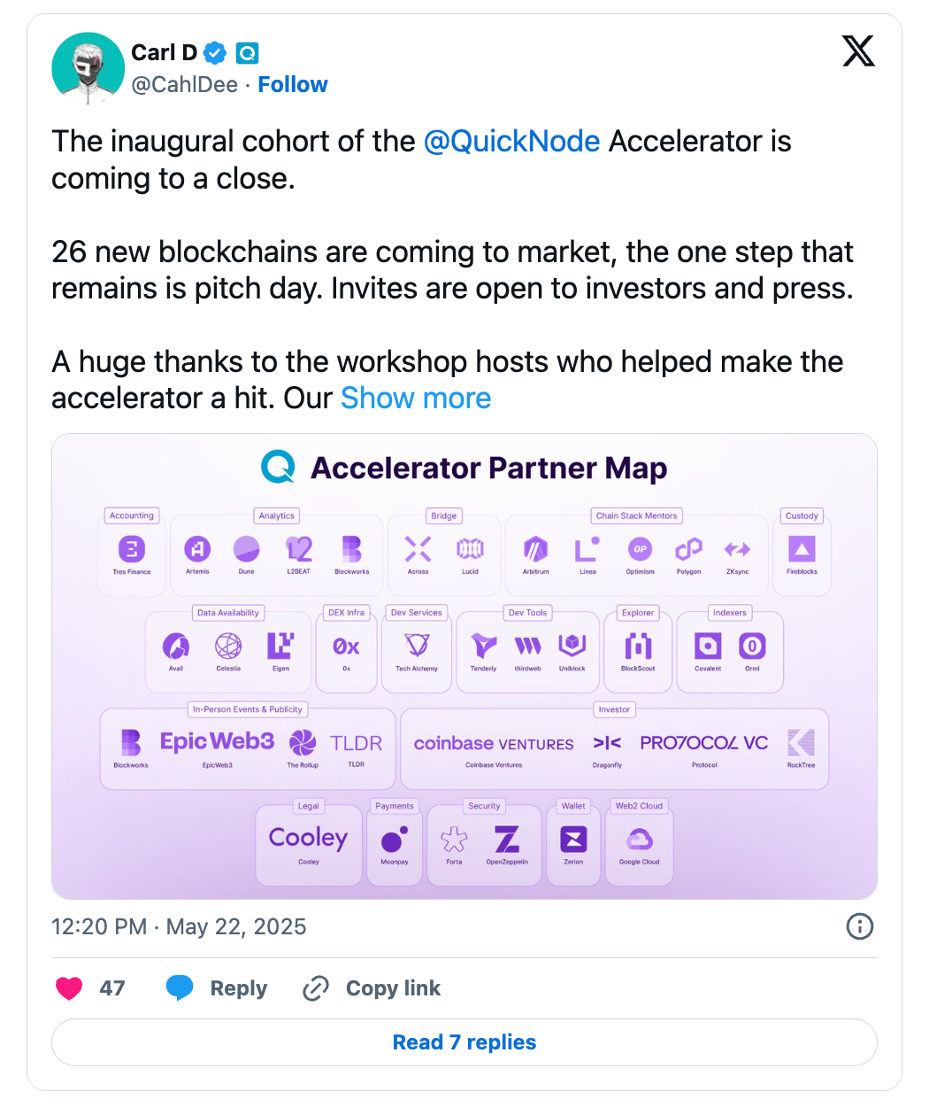 QuickNode Accelerator Partner Map showing 26 blockchain startups with categorized service providers including Blockscout, Coinbase Ventures, Protocol Labs, and other Web3 infrastructure partners