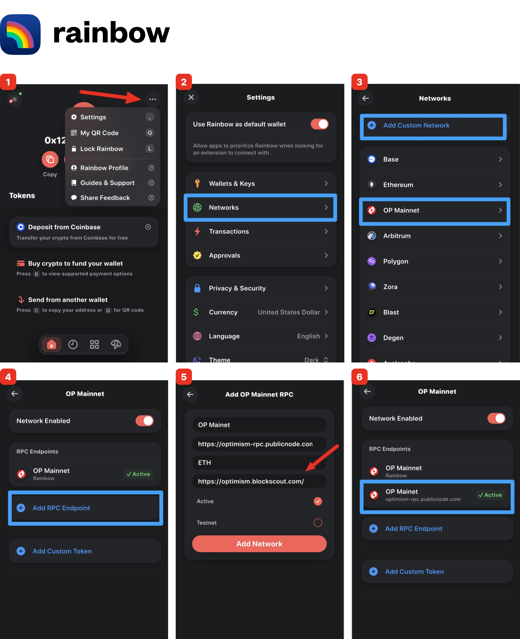 Step-by-step guide to adding a custom RPC and Block Explorer URL for OP Mainnet in Rainbow Wallet app using optimism.blockscout.com