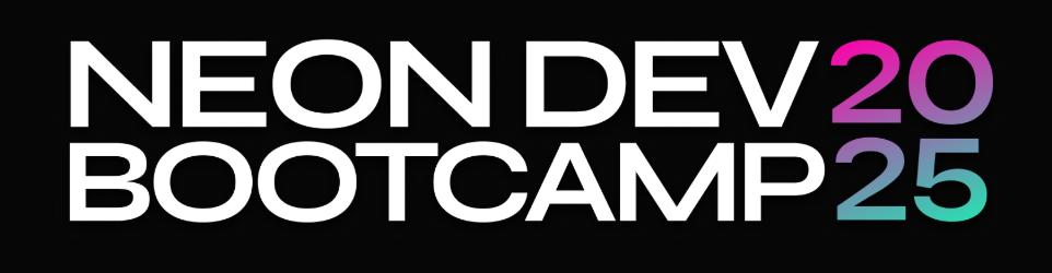 Neon Dev Bootcamp 2025 logo with bold white text on a black background and gradient-colored numbers.
