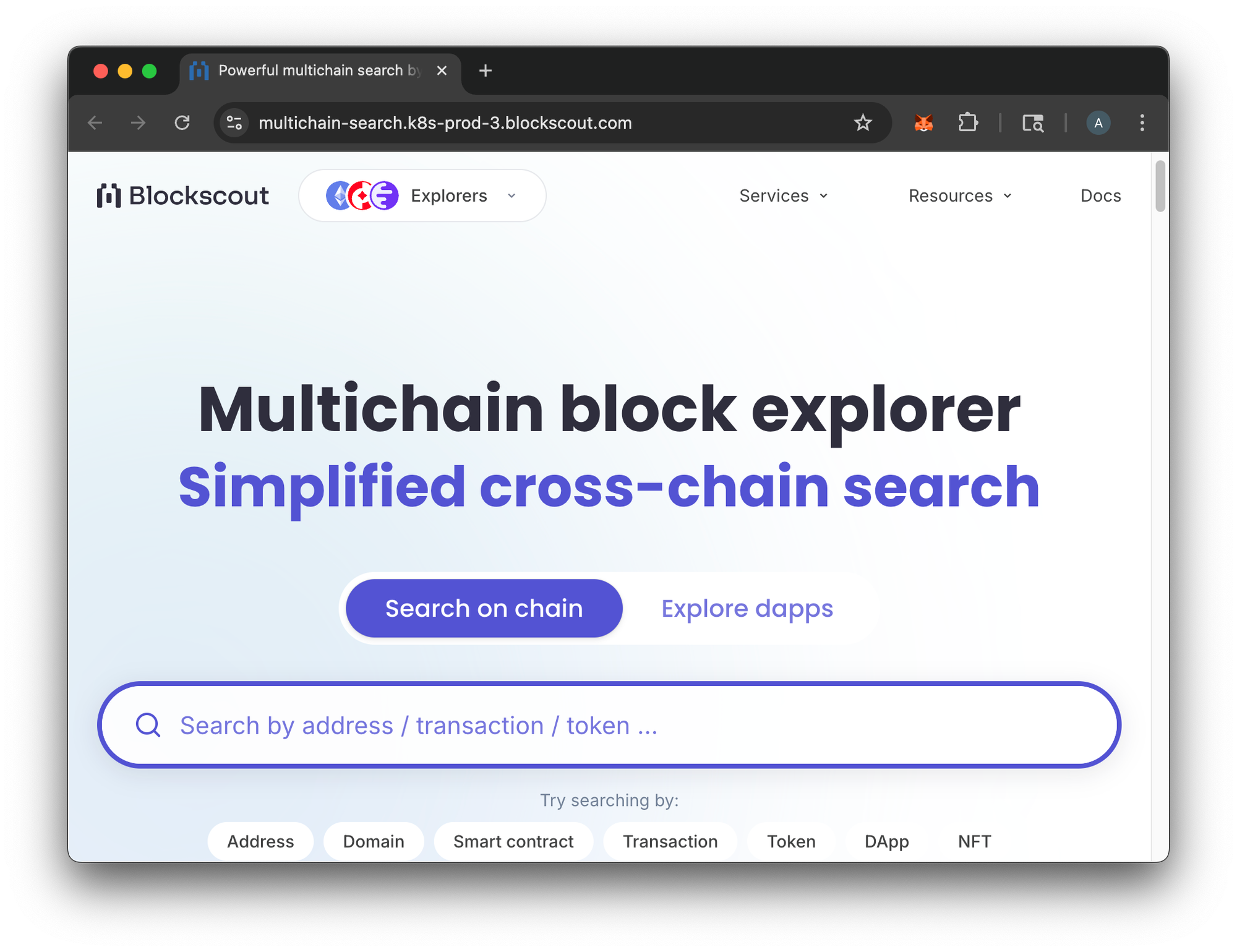 Blockscout multichain block explorer homepage with cross-chain search functionality for addresses, transactions, tokens, smart contracts, domains, DApps and NFTs