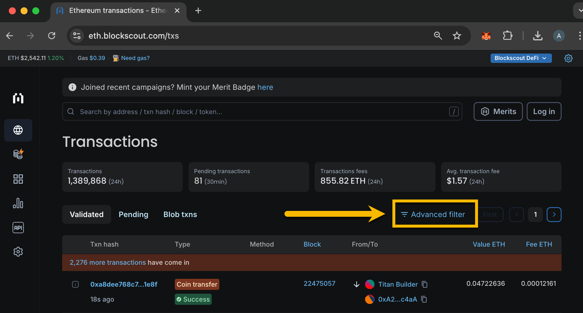 Blockscout transaction dashboard with a yellow arrow pointing to the "Advanced filter" button below the metrics panel.