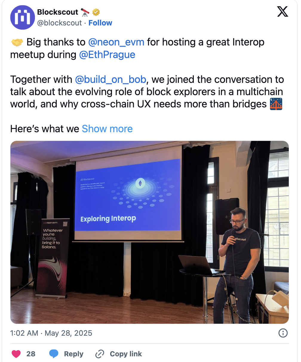 Blockscout Exploring Interop presentation at EthPrague blockchain meetup discussing multichain block explorer UX