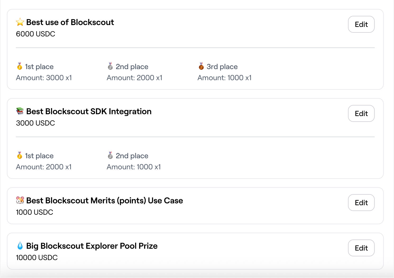 Blockscout contest categories showing prize pools: Best use (6000 USDC), SDK Integration (3000 USDC), Merits Use Case (1000 USDC), and Big Explorer Pool Prize (10000 USDC) with ranking tiers