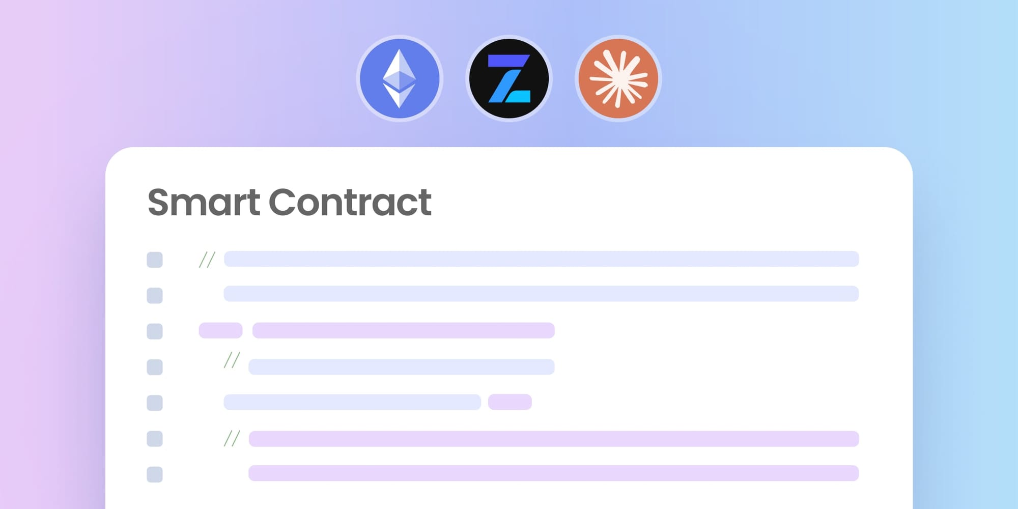 Smart contract illustration with Ethereum, OpenZeppelin, and Arbitrum logos on a pastel gradient background