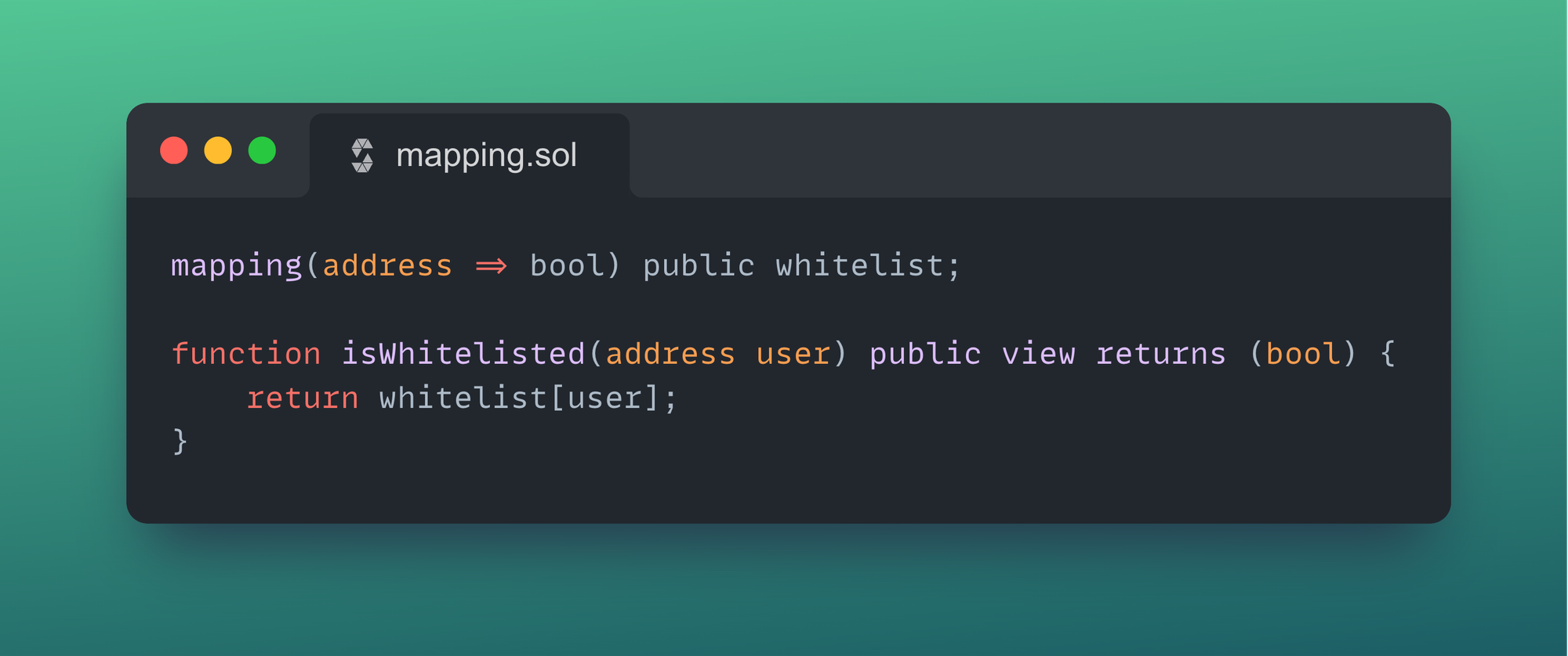 Solidity mapping-based whitelist function for efficient address lookup shown in mapping.sol code snippet