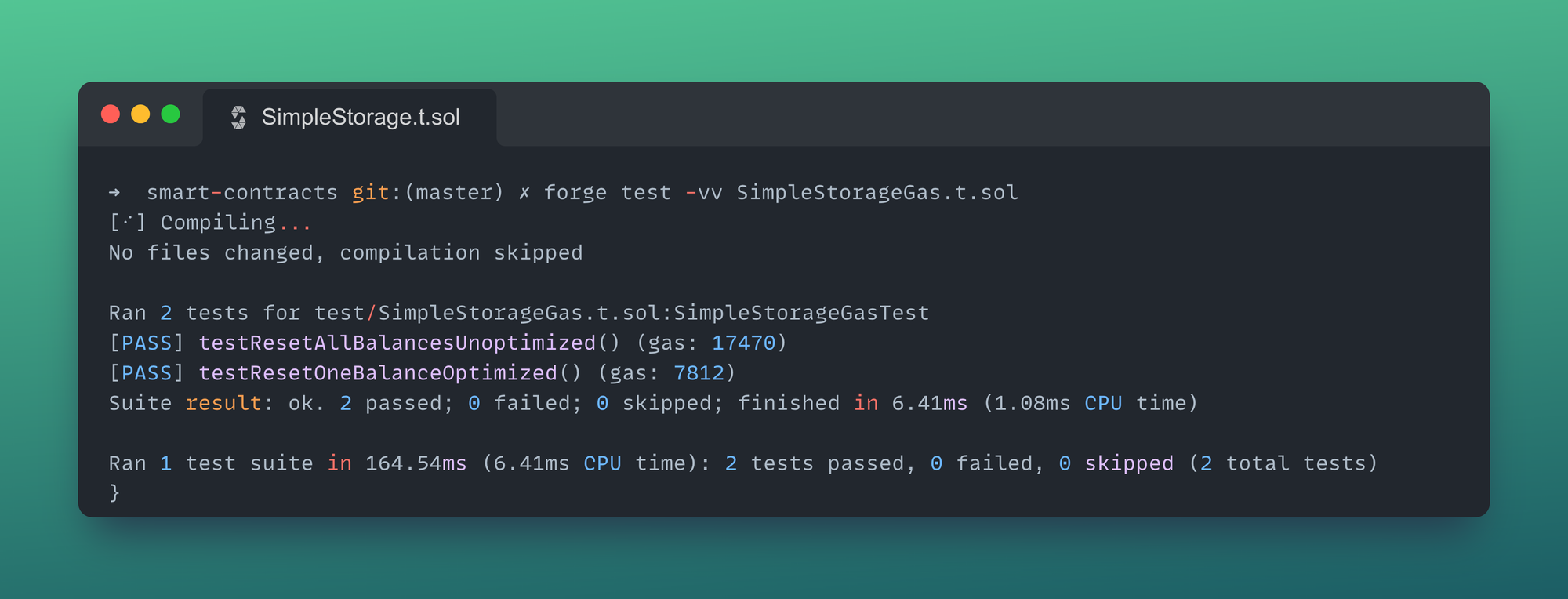 Terminal output of Foundry Forge test comparing optimized vs unoptimized Solidity functions with gas usage for SimpleStorage contract