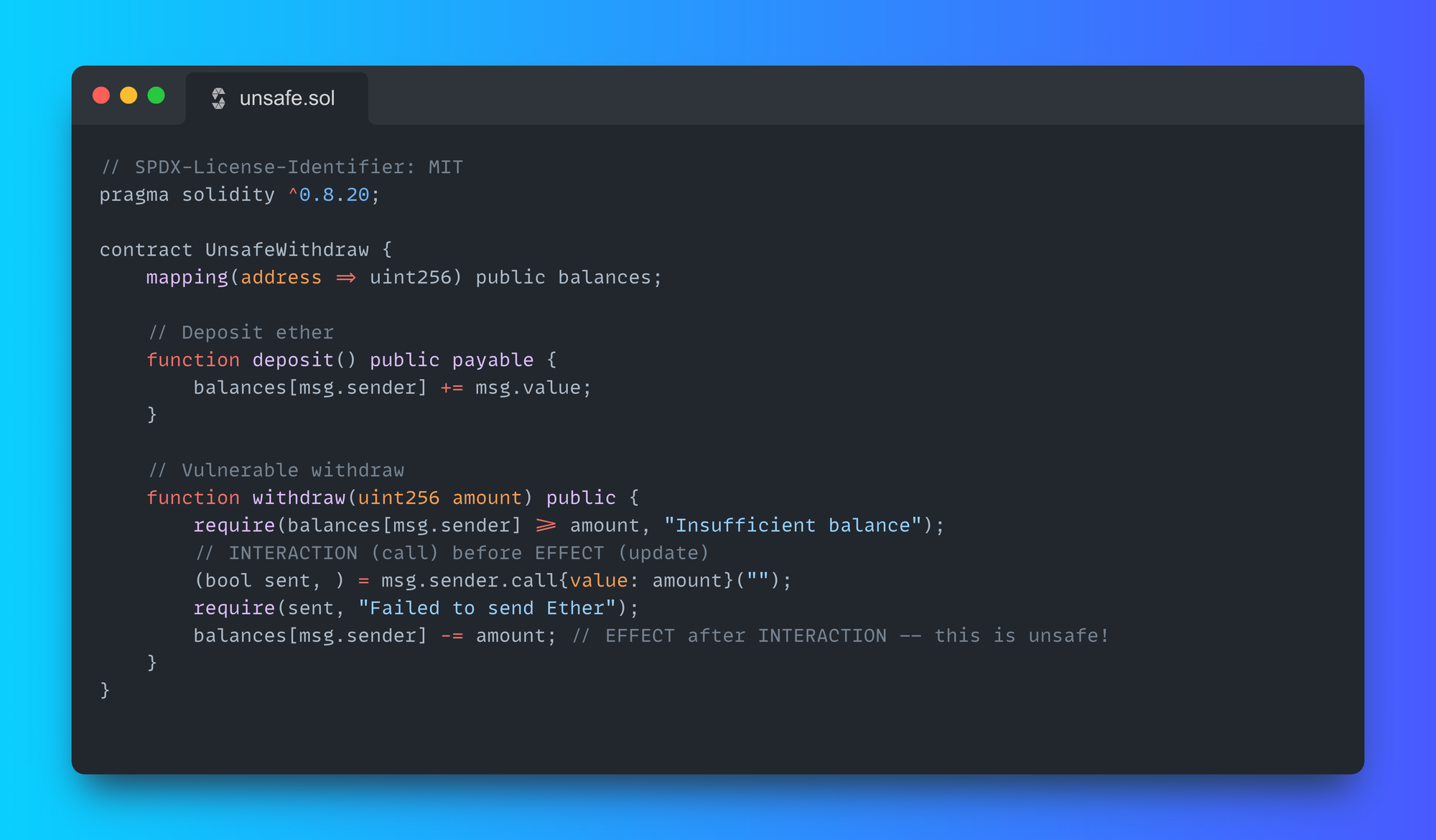 Solidity smart contract example showing unsafe withdraw function vulnerable to reentrancy in unsafe.sol code snippet