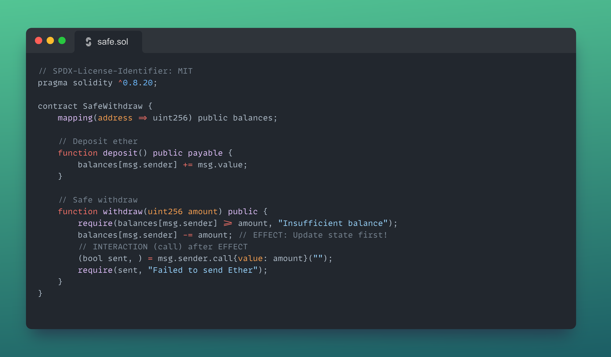 Solidity smart contract example demonstrating safe withdraw pattern with state update before external call in safe.sol code snippet