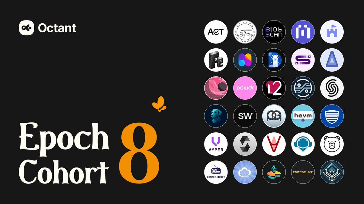 Octant Epoch Cohort 8 announcement with collection of Web3 project logos including Blockscout, L2BEAT, Powdr, Vyper, HEVM, and other blockchain development tools and platforms