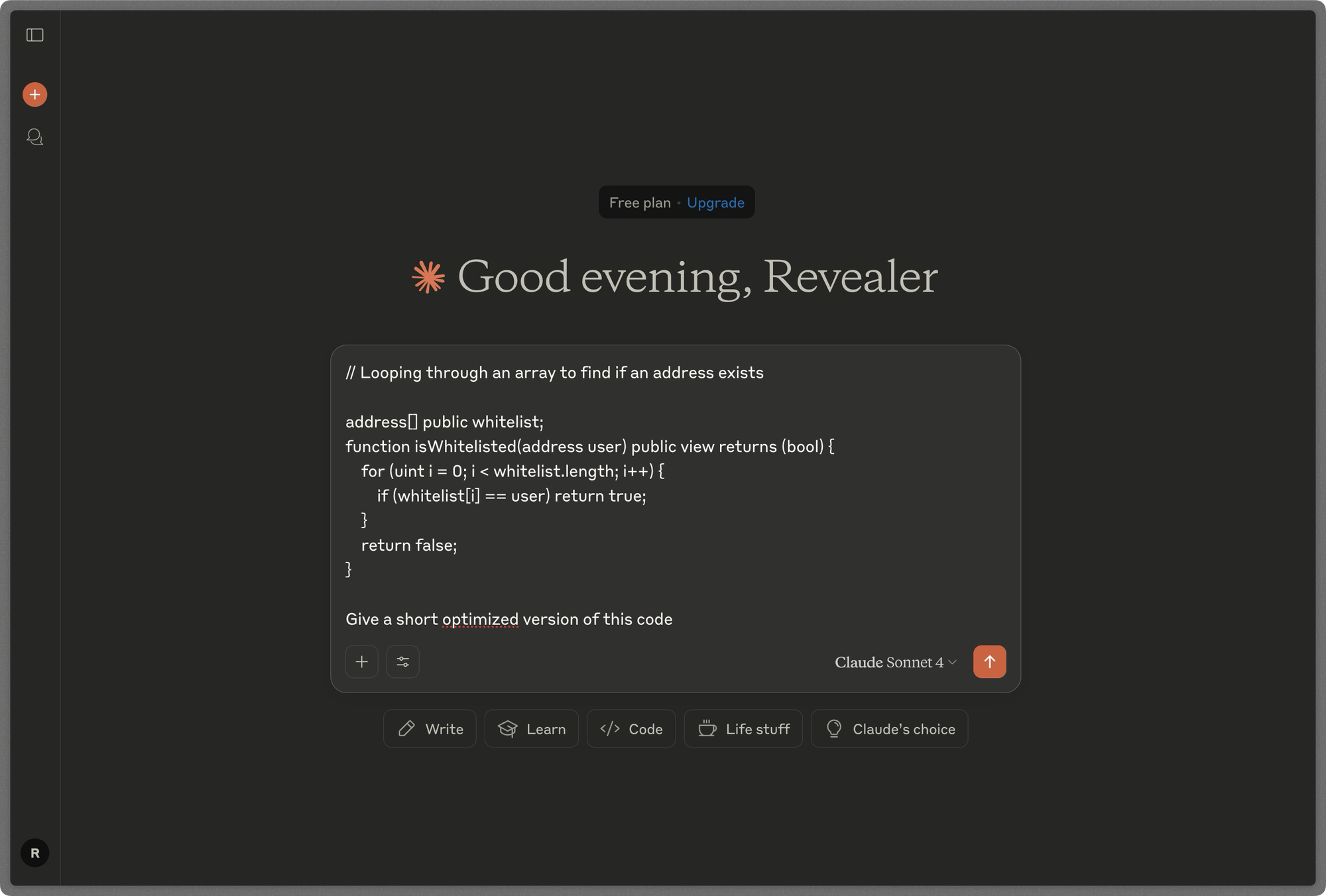 Code optimization prompt for Solidity whitelist function displayed on Claude AI interface with array loop example