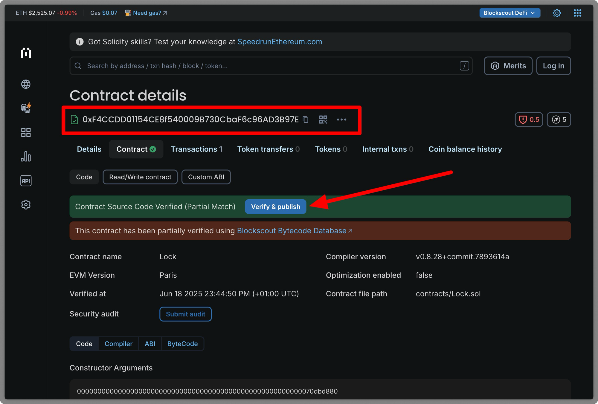 Blockscout blockchain explorer showing smart contract details page with contract address, verification status, Verify & publish button highlighted, and contract information including Lock contract name, compiler version, and verification timestamp