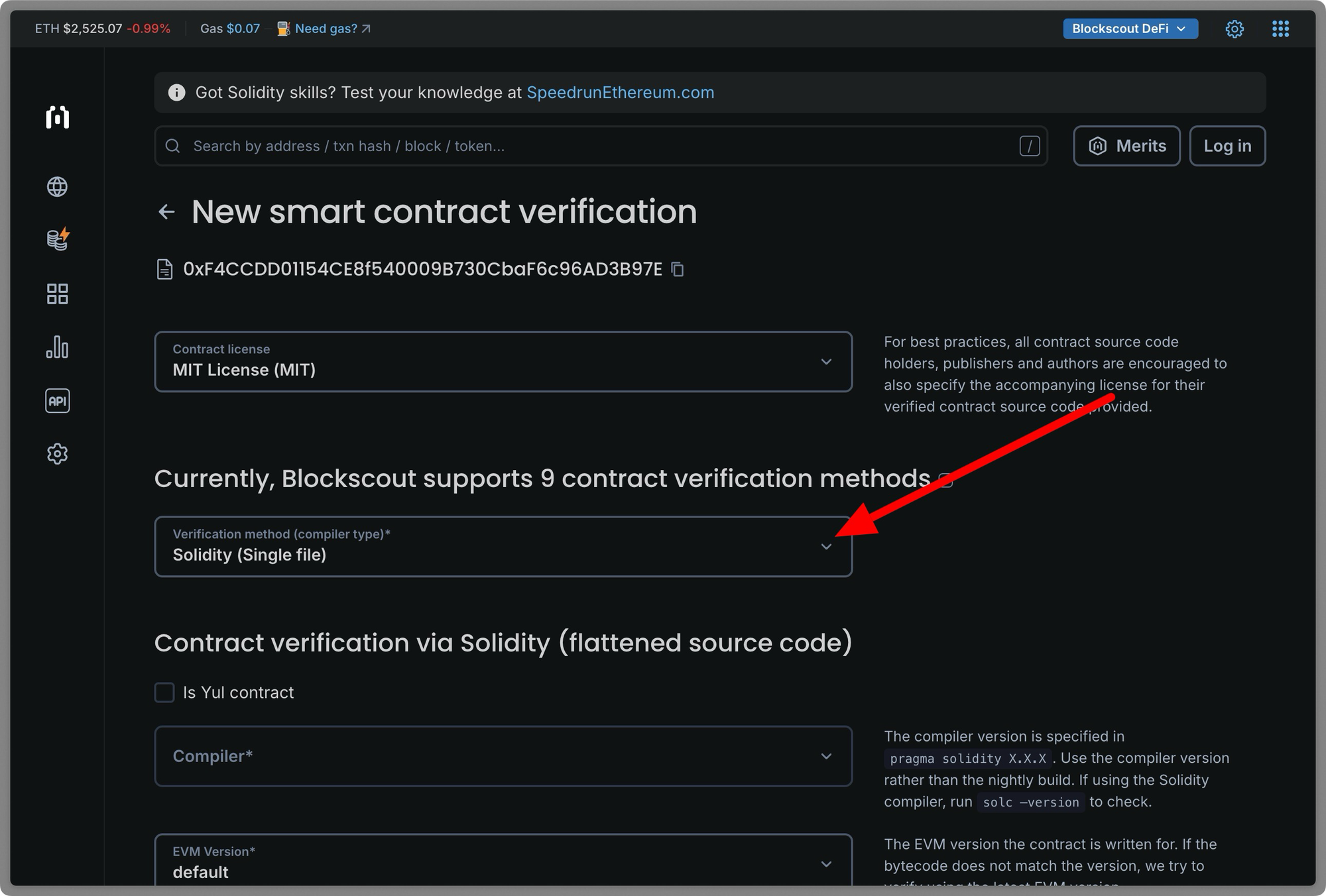Blockscout smart contract verification page showing new verification form with contract address, MIT license selection, verification method dropdown highlighting Solidity single file option, compiler settings, and EVM version configuration
