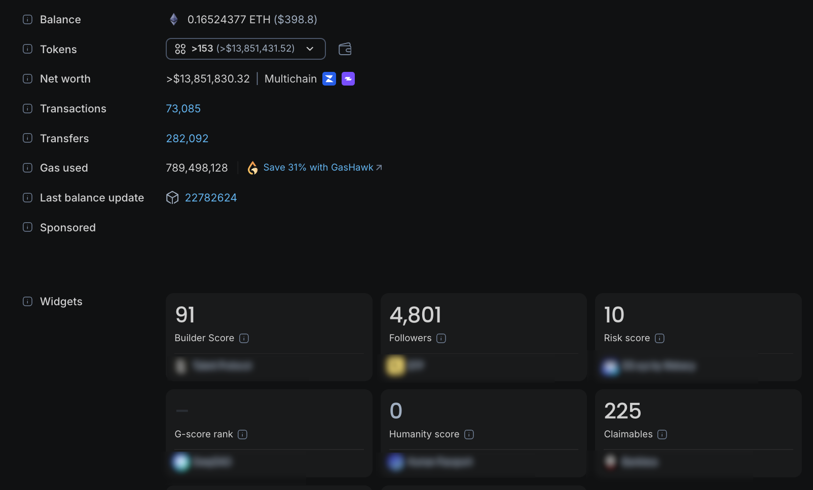 Blockscout dashboard including widgets with builder score 91, 4,801 followers, risk score 10