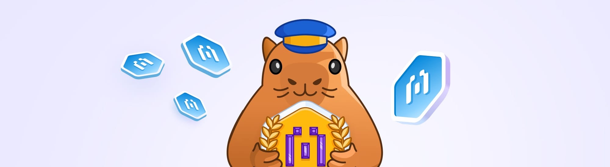 Blockscout capybara mascot in postal uniform holding golden award badge surrounded by floating blockchain explorer logos