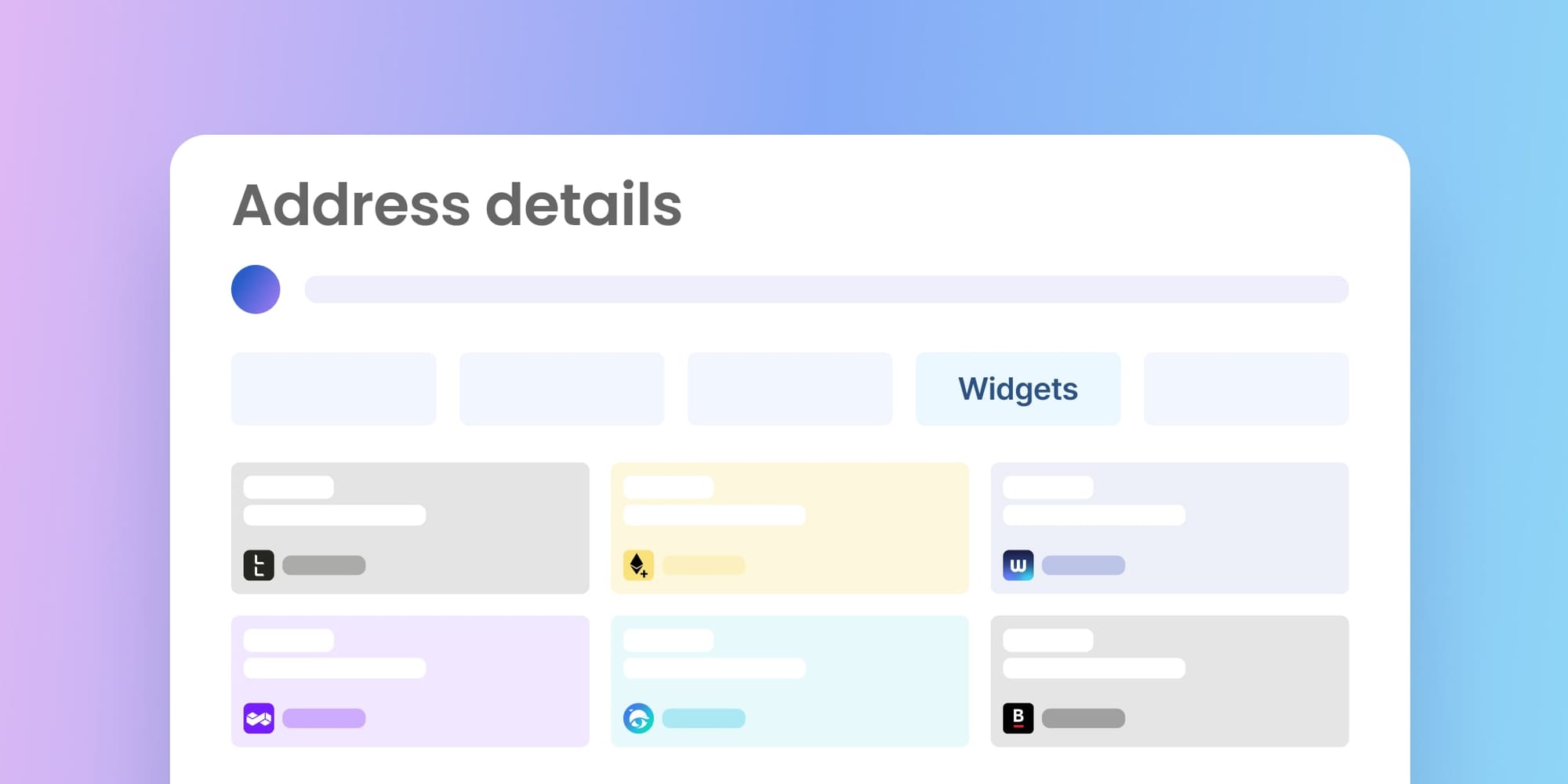 Blockscout address details page interface showing cryptocurrency wallet information with widgets section displaying various blockchain analytics and token data cards