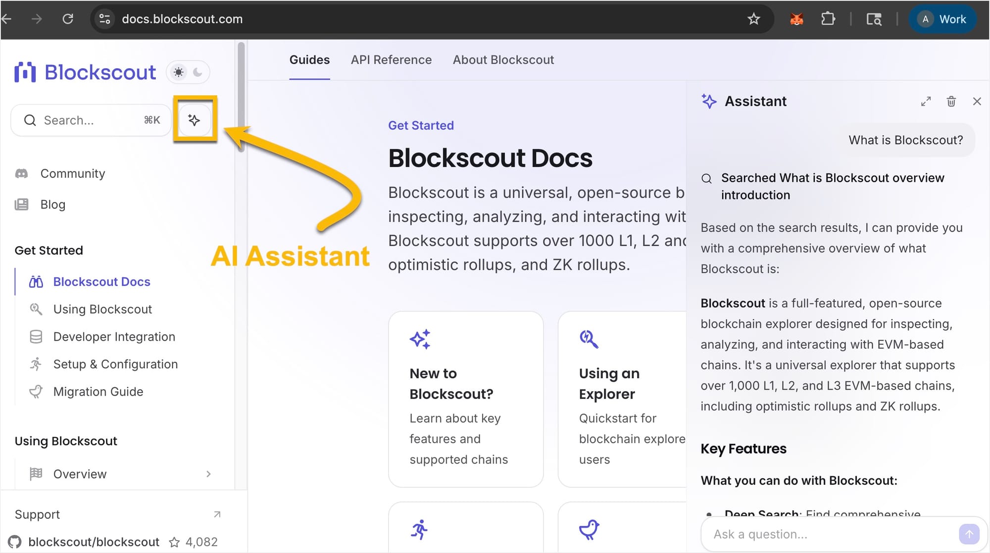 Blockscout documentation website showing AI Assistant feature with yellow arrow highlighting assistant button, navigation menu, and blockchain explorer guides for developers