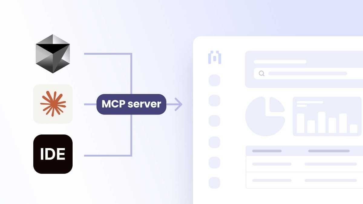 server architecture diagram showing MCP server connecting multiple clients - 3D block icon, star logo, and IDE connecting to central MCP server with arrow pointing to user interface