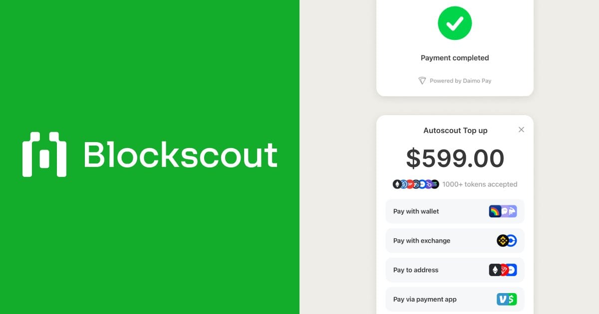 Blockscout cryptocurrency payment interface showing $599 Autoscout top-up with multiple payment options including wallet, exchange, and direct address payments, plus completed payment confirmation