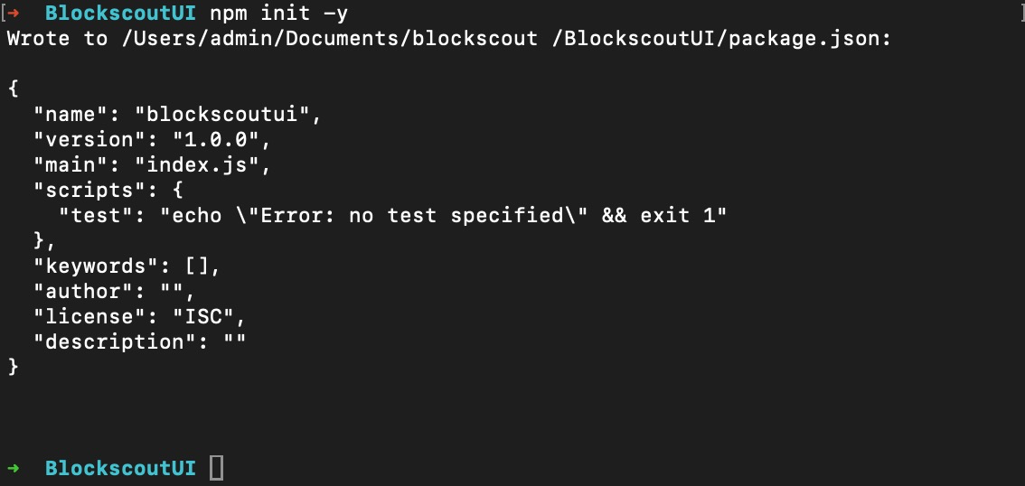 Terminal screenshot showing npm init command creating package.json file for BlockscoutUI React project with basic configuration including name, version, main entry point, and ISC license