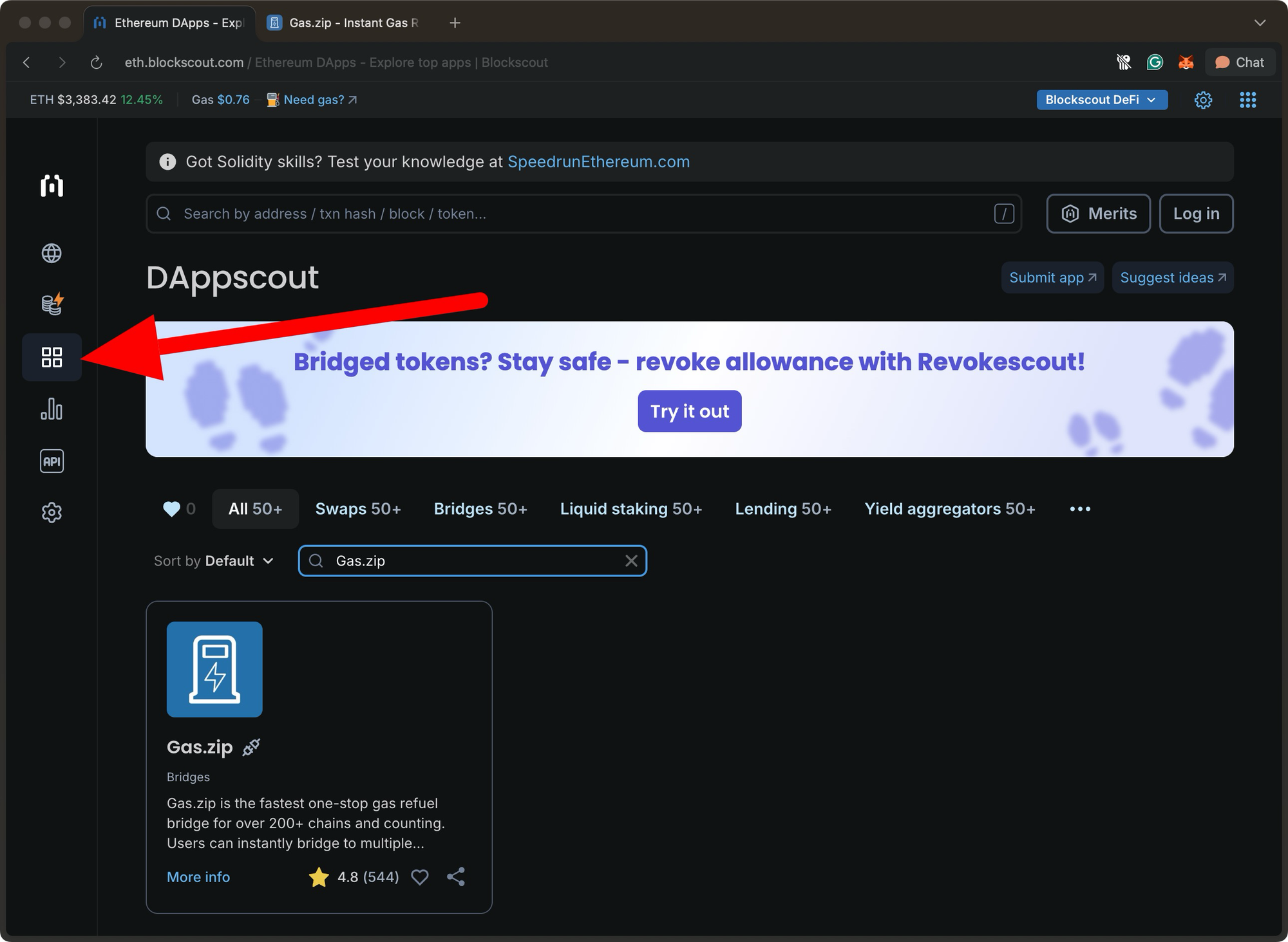 Blockscout DAppScout interface with sidebar navigation highlighted, featuring Gas.zip bridge app listing and Revokescout banner for secure token allowance managemen