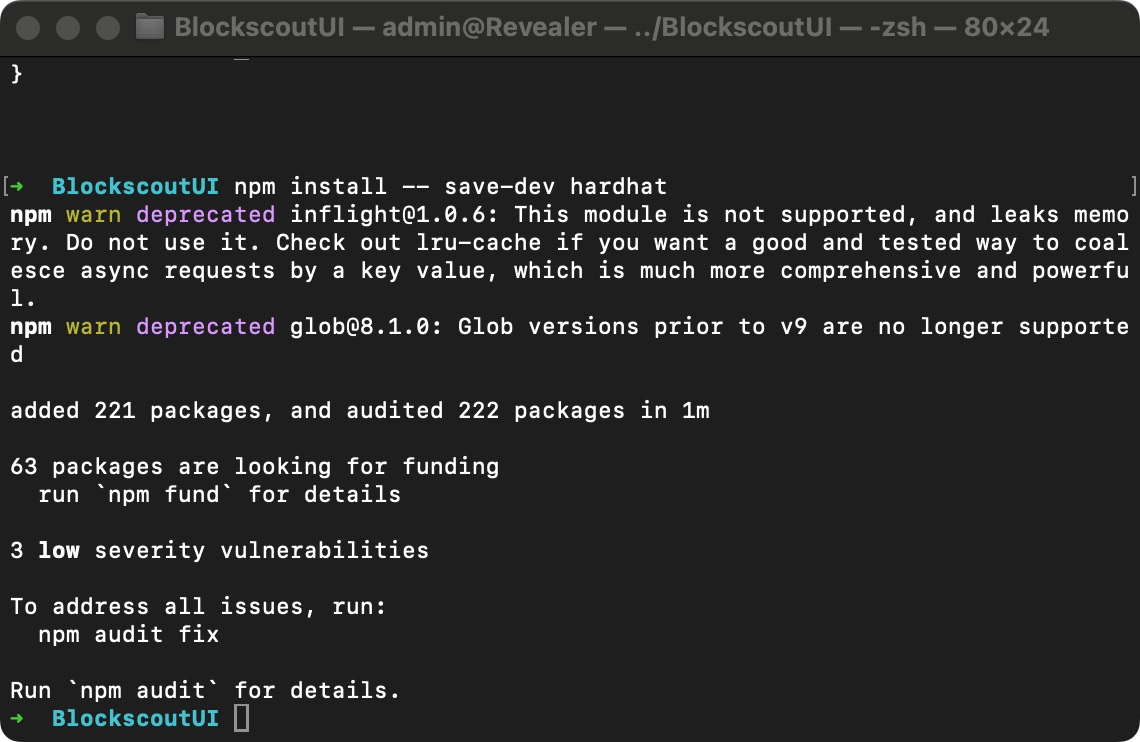 Terminal screenshot showing npm install hardhat command completion for BlockscoutUI project with deprecation warnings, package installation summary, funding requests, and security vulnerabilities report