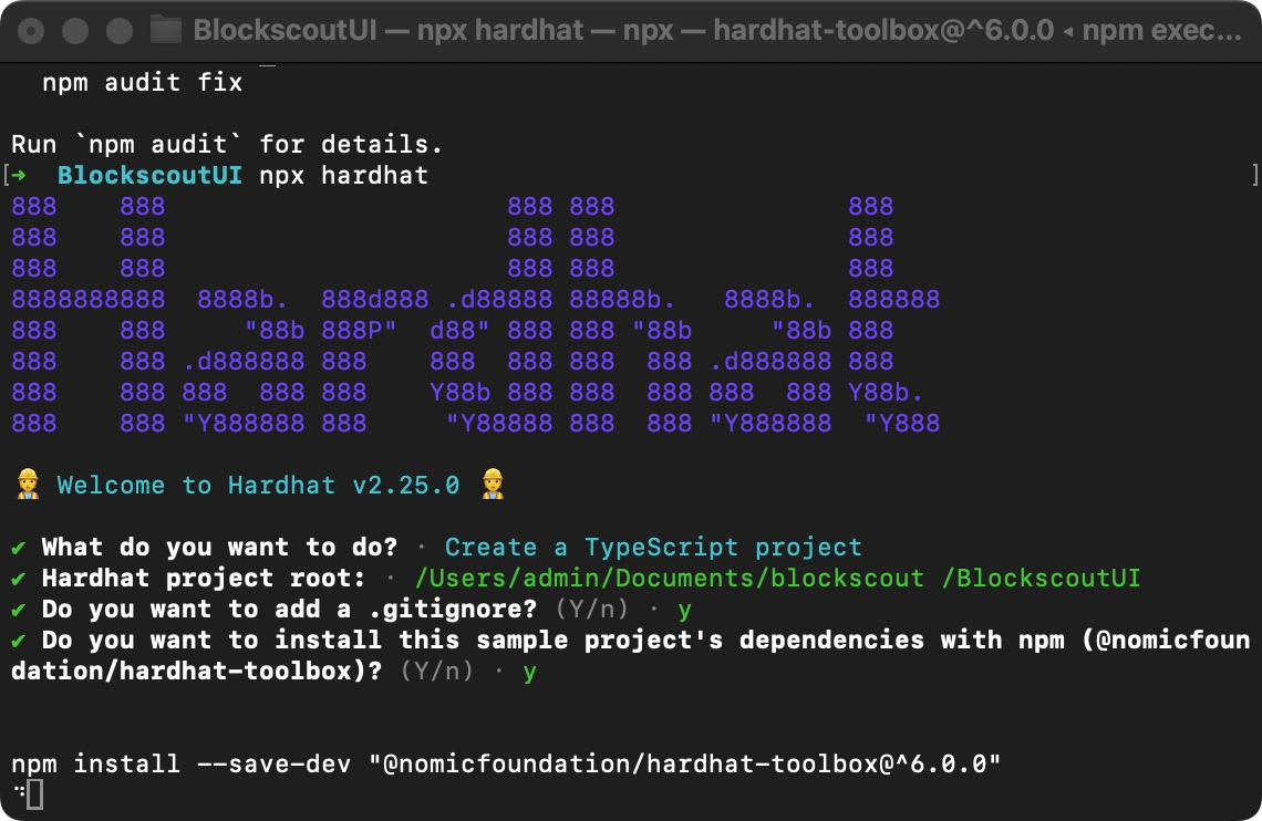 Terminal screenshot showing Hardhat v2.25.0 initialization wizard with ASCII art logo, TypeScript project setup options, gitignore configuration, and npm dependencies installation for BlockscoutUI project