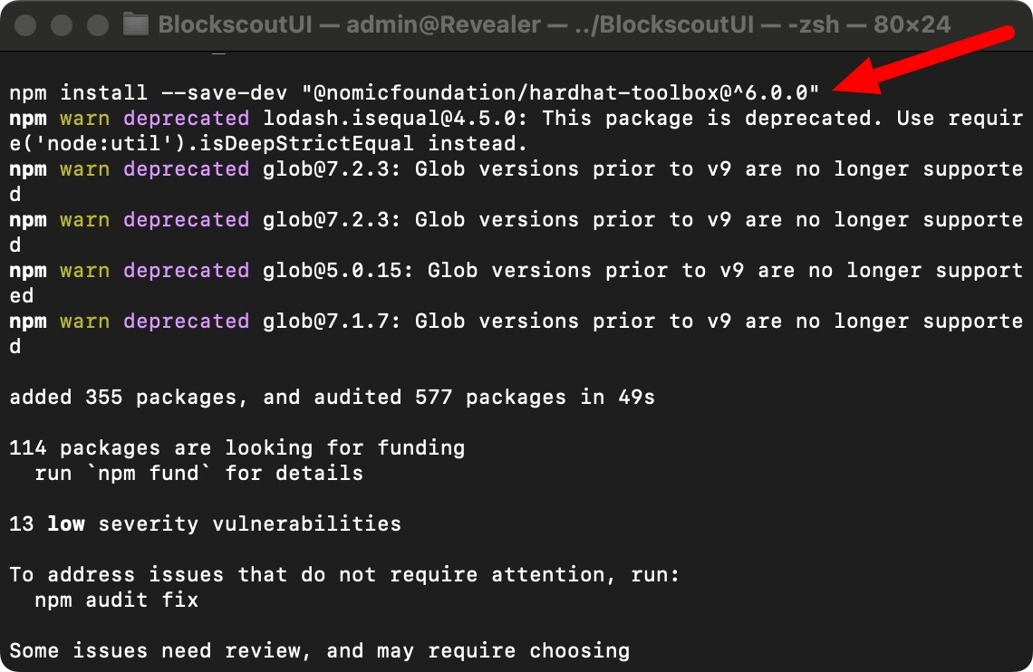 Terminal screenshot showing npm install completion for Hardhat toolbox package with deprecation warnings for lodash and glob packages, installation summary of 355 packages, funding requests, and security vulnerabilities report