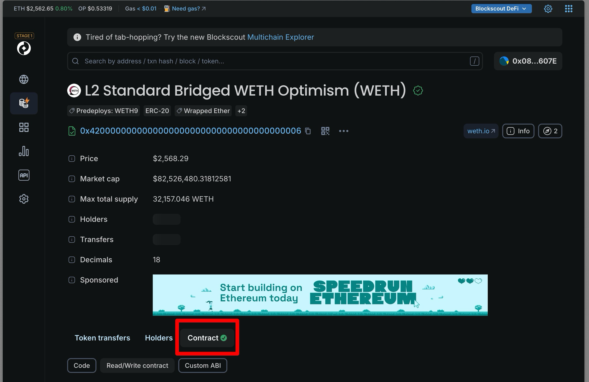 L2 Standard Bridged WETH token page on Blockscout showing $2,568.29 price, $82.5B market cap, 32,157 WETH max supply, and verified contract details on Optimism blockchain explorer