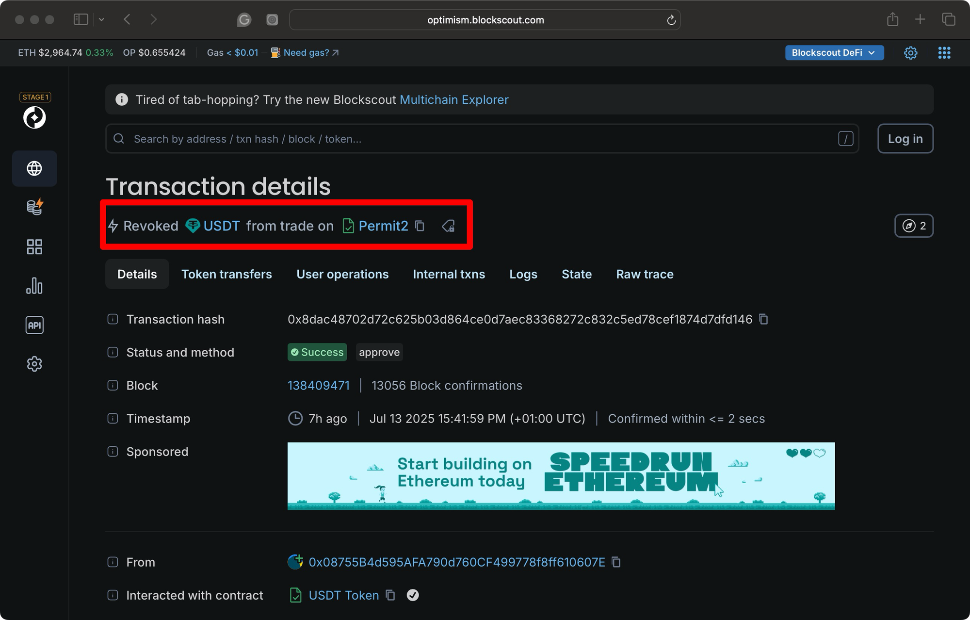 Blockscout transaction details showing successful USDT approval revocation using Permit2 on Optimism, with status, hash, and contract data displayed on dark mode UI