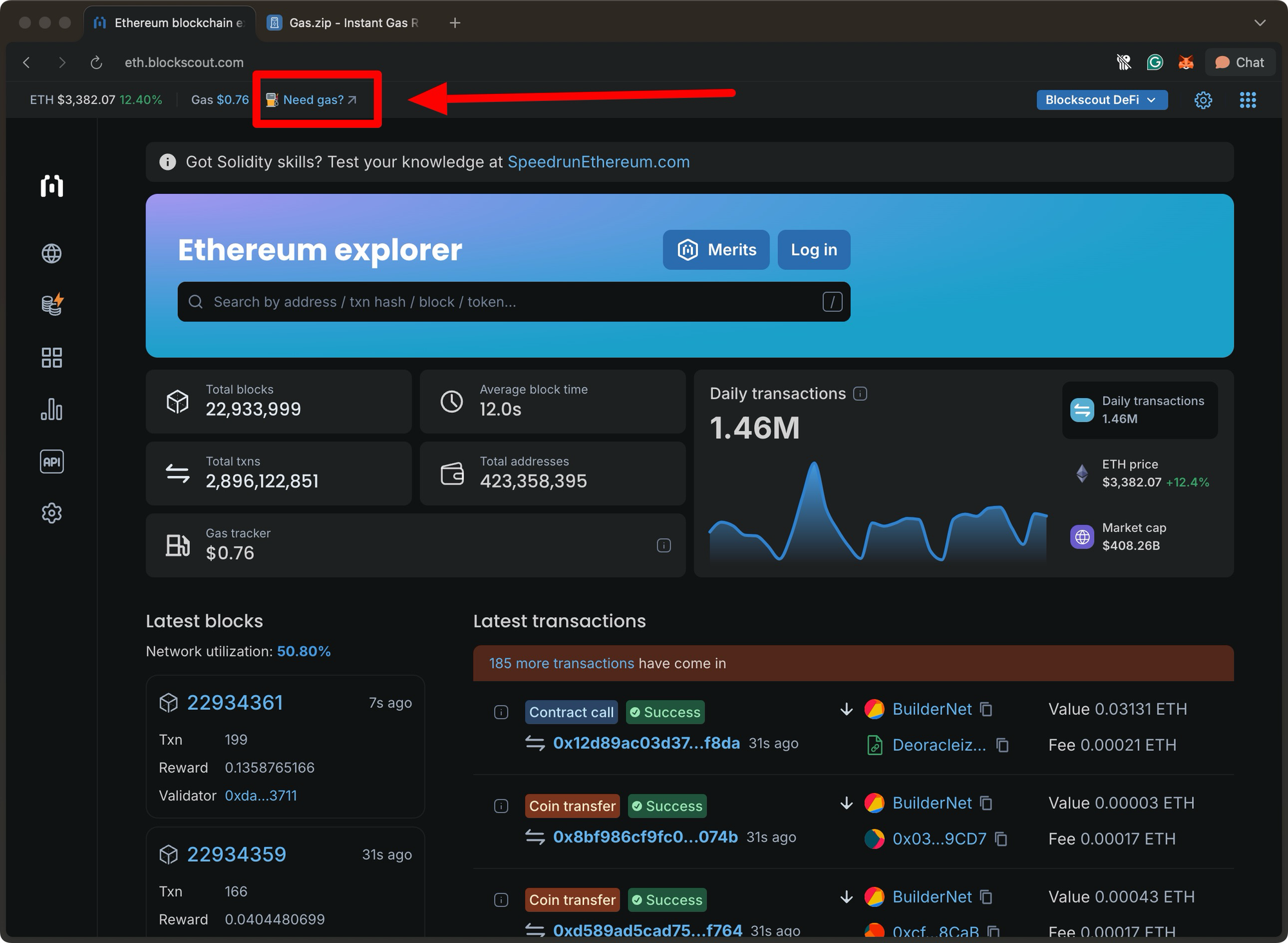 Blockscout Ethereum explorer homepage with dashboard stats, live blocks and transactions, and highlighted ‘Need gas?’ link directing users to gas refuel services