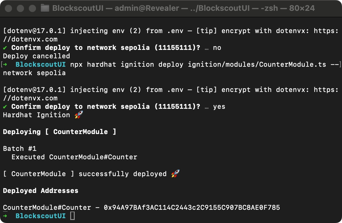 Terminal screenshot showing Hardhat Ignition deployment of CounterModule smart contract to Sepolia testnet with dotenv configuration, deployment confirmation, batch execution, and deployed contract address