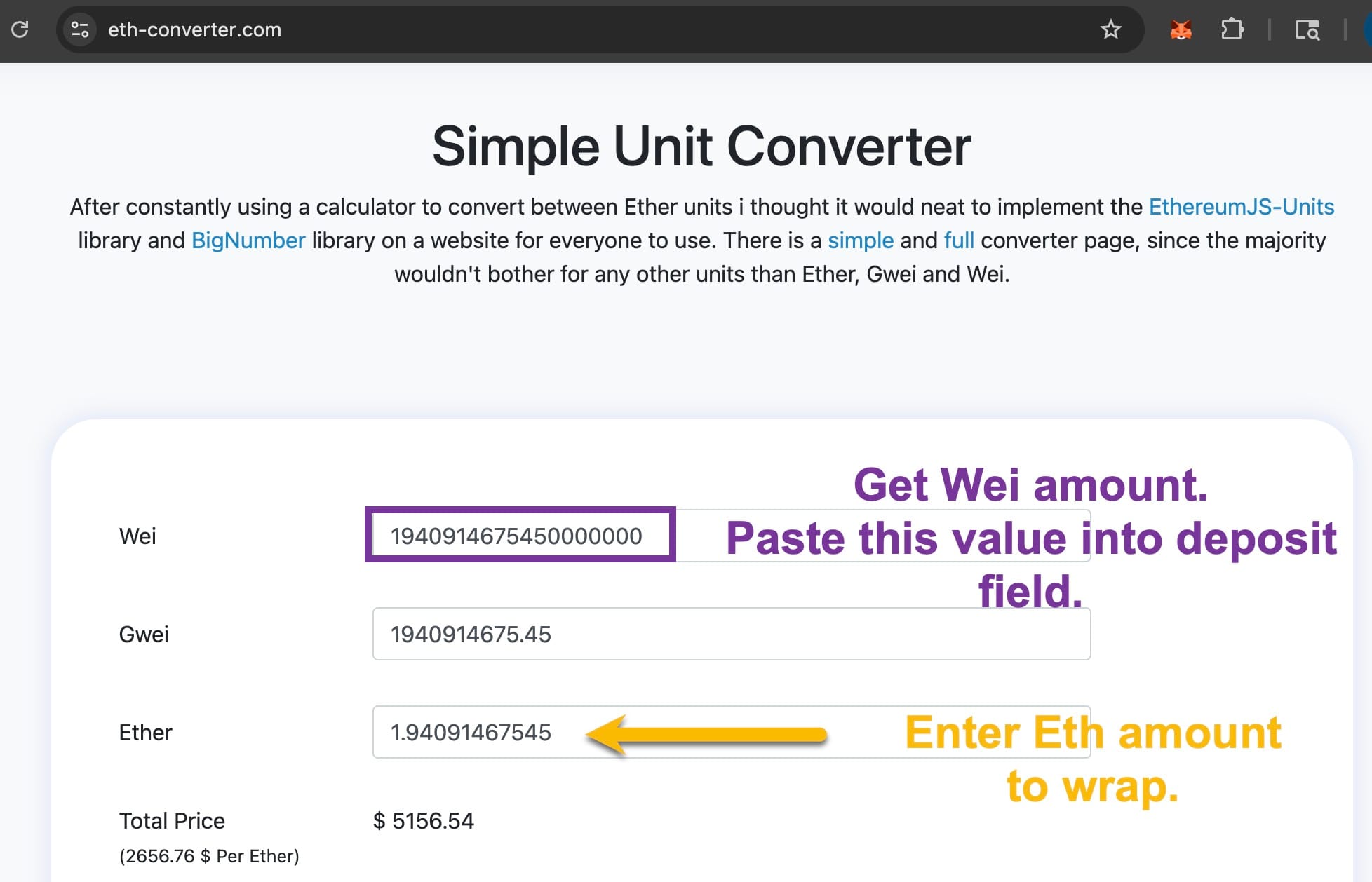 ETH unit converter tool showing conversion of 1.9409146745 Ether to 19409146754500000000 Wei with instructions to enter ETH amount and paste Wei value into smart contract deposit field for wrapping ETH tokens