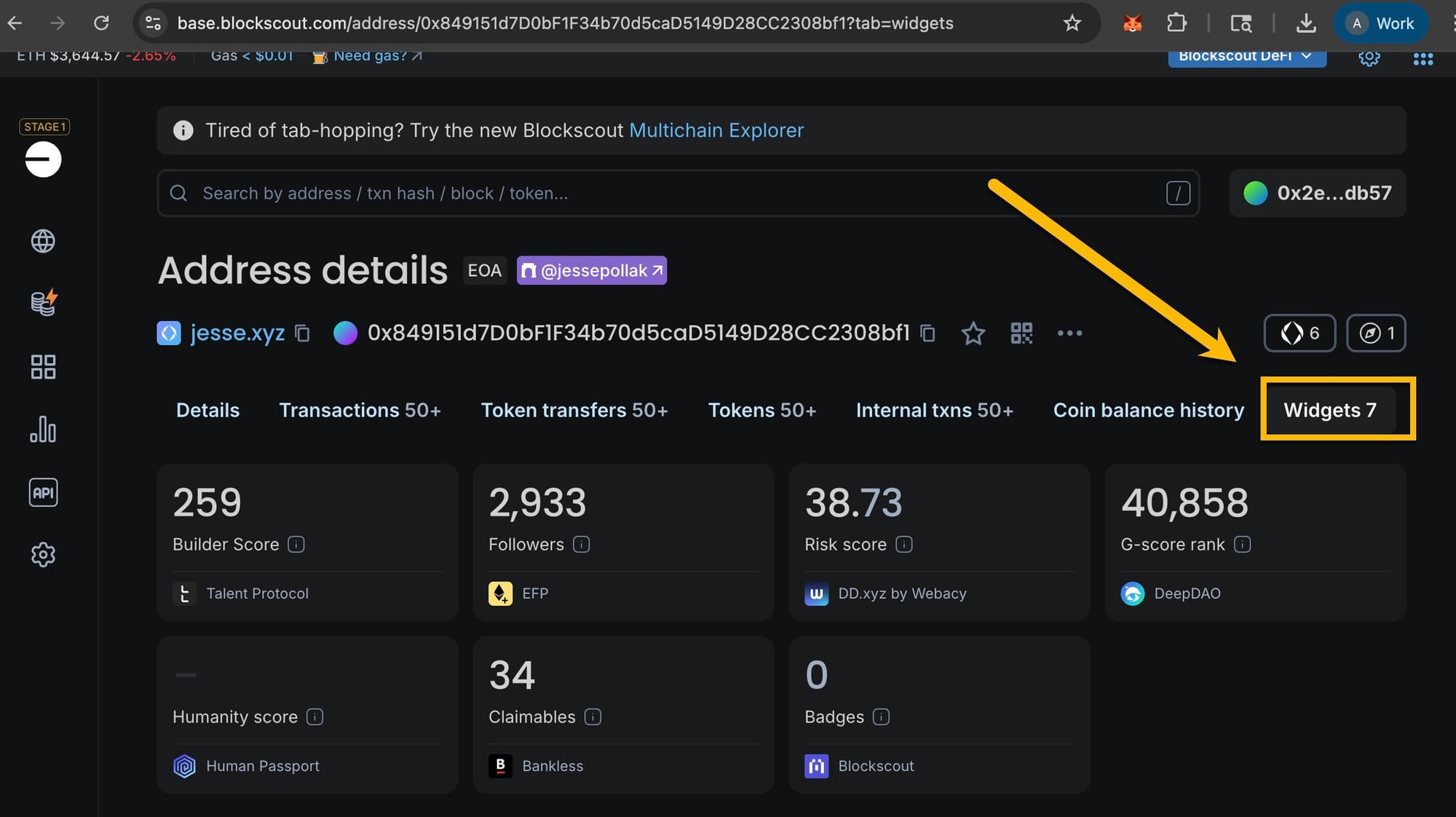 Blockscout address details page showing jesse.xyz wallet with 259 Builder Score, 2,933 followers, 38.73 risk score, and 7 widgets - blockchain explorer interface