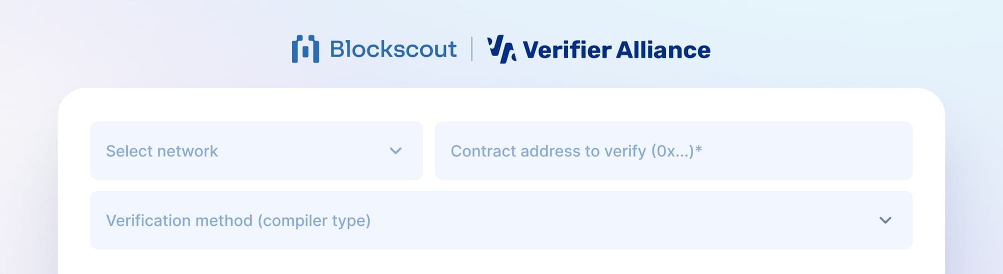 Blockscout Verifier Alliance smart contract verification interface with network selection dropdown, contract address input field, and verification method compiler type dropdown menu