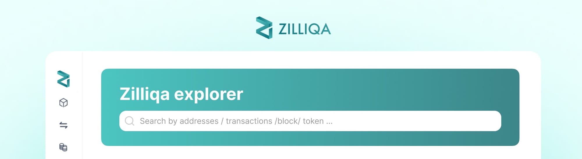 Zilliqa blockchain explorer interface with search bar for addresses, transactions, blocks and tokens - ZIL network block explorer homepage