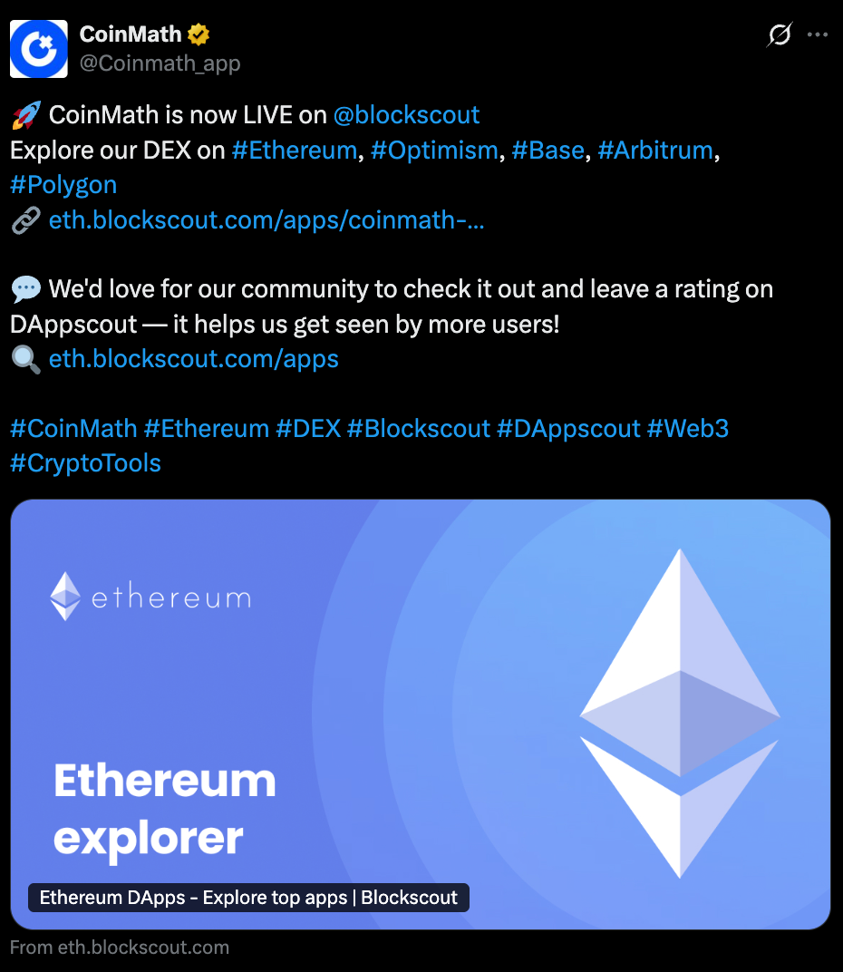 CoinMath Twitter announcement of DEX launch on Blockscout supporting Ethereum, Optimism, Base, Arbitrum and Polygon networks with Ethereum explorer interface preview