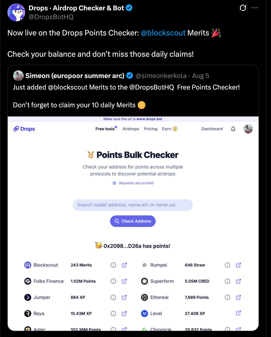 Drops airdrop checker bot Twitter announcement featuring Blockscout Merits integration with points bulk checker interface showing wallet balance across multiple protocols for airdrop discovery