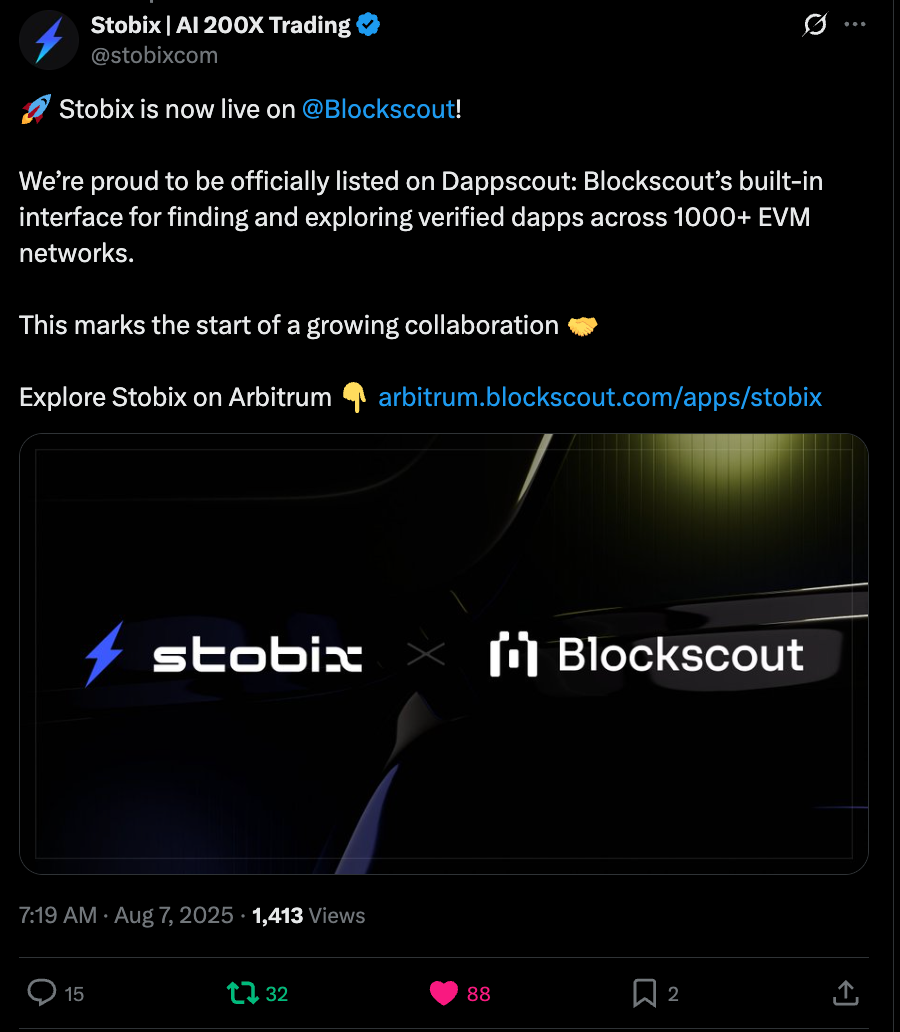 Stobix AI 200X Trading platform Twitter announcement of official listing on Blockscout DAppscout interface for verified dapps across 1000+ EVM networks with partnership collaboration graphic