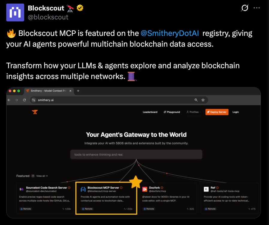 Blockscout MCP integration with SmitheryDotAI showing AI agent blockchain data access tools including Sourcebot Code Search, Blockscout MCP Server, Docfork, and Ref tools for multichain analysis